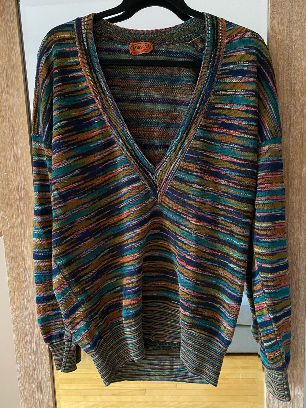 Vintage Missoni Multicolor Striped V-Neck Knit Sweater Space Dyed